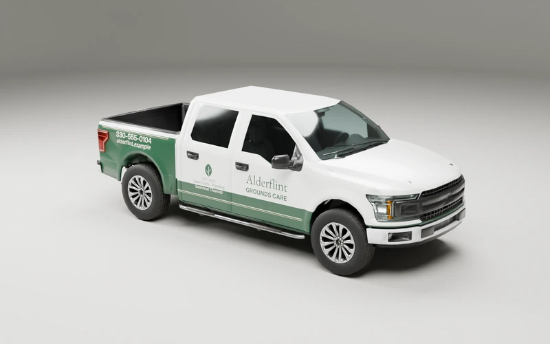 Crew-cab pickup with Alderflint Grounds Care lettering, an original leaf and a forest-green bed-and-lower-body partial wrap, with cream bed contacts and a gold-and-cream double rule.