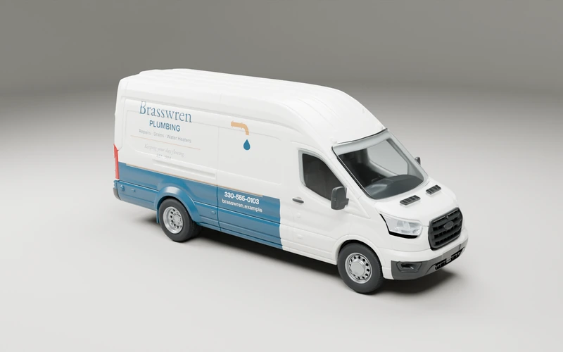 High-roof van with Brasswren Plumbing lettering, an original pipe-and-drop symbol and a blue lower cargo partial wrap, with white contact lettering in the blue lower cargo field and brass boundary rules.