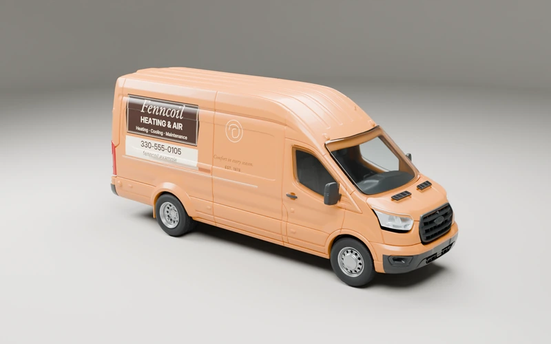 Warm-orange high-roof van with a dark framed Fenncoil Heating & Air sign and cream italic lettering, with a cream contact strip, complete rear name and restrained frame pinstriping.