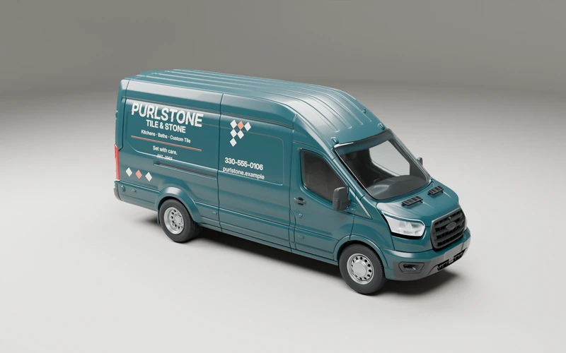 Deep-teal high-roof van with cream Purlstone Tile & Stone lettering and a coral-and-cream lozenge pattern, with complete name lockups, phone and website, and restrained coral-and-cream tile accents.