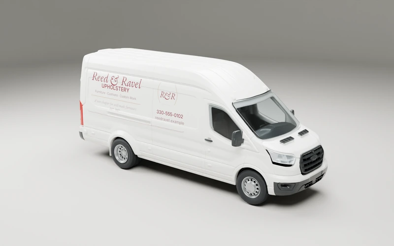 White high-roof van with oxblood Reed & Ravel Upholstery lettering and a stitched brass-and-oxblood monogram, with stronger oxblood name and trade, contact lettering, and restrained brass rules.